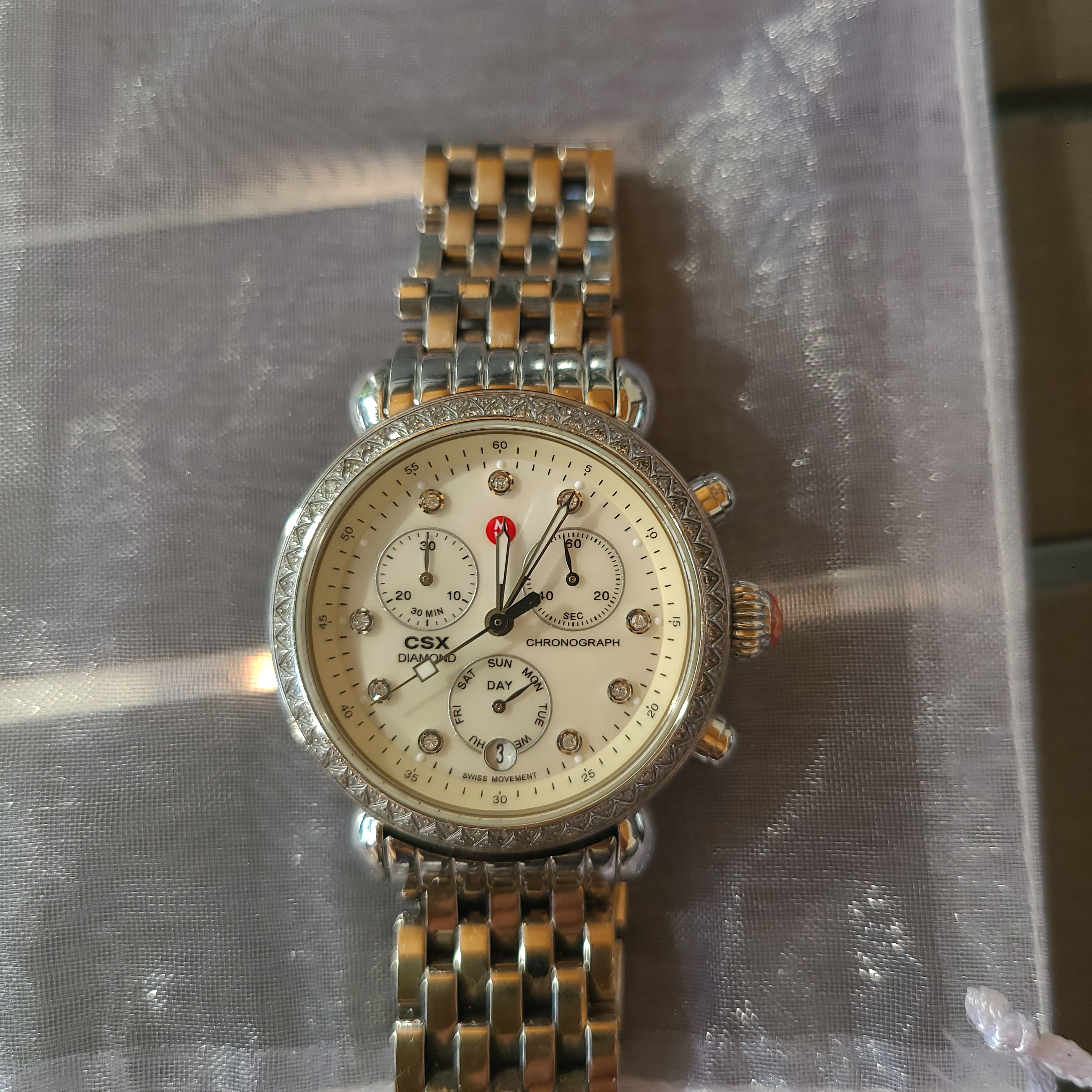 Michele Csx Diamond Dial And Bezel Silver Ladies Chronograph Watch